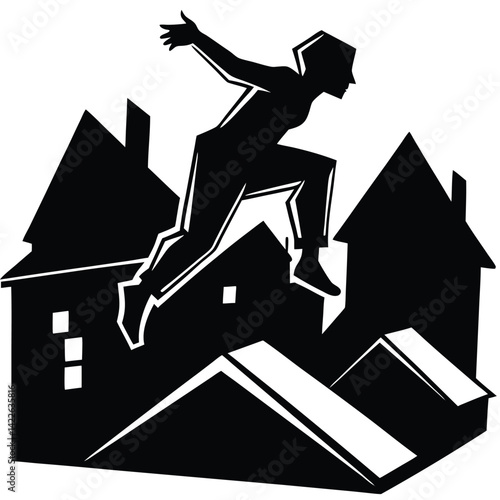 Parkour Silhouette: Man Jumping Across Rooftops - Urban Free Running Vector Illustration in Bold Black & White Style