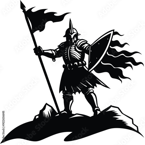 Knight Warrior Silhouette Vector: Medieval Armor, Shield, Flag on Mountain Top - Black and White Graphic Illustration