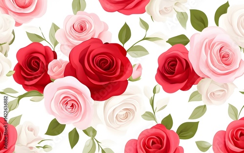 Seamless Pattern Red Pink White Roses Floral Design