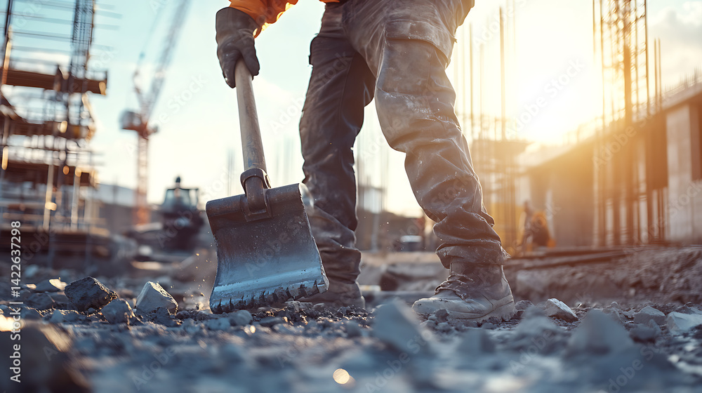 Construction Worker Using Shovel on Site