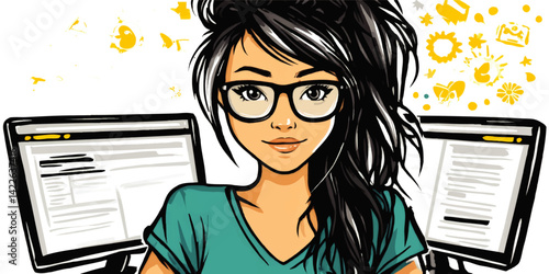Vector illustration of stylish woman with glasses working between two computer screens creative modern workspace concept design freelancer blogger online productivity
