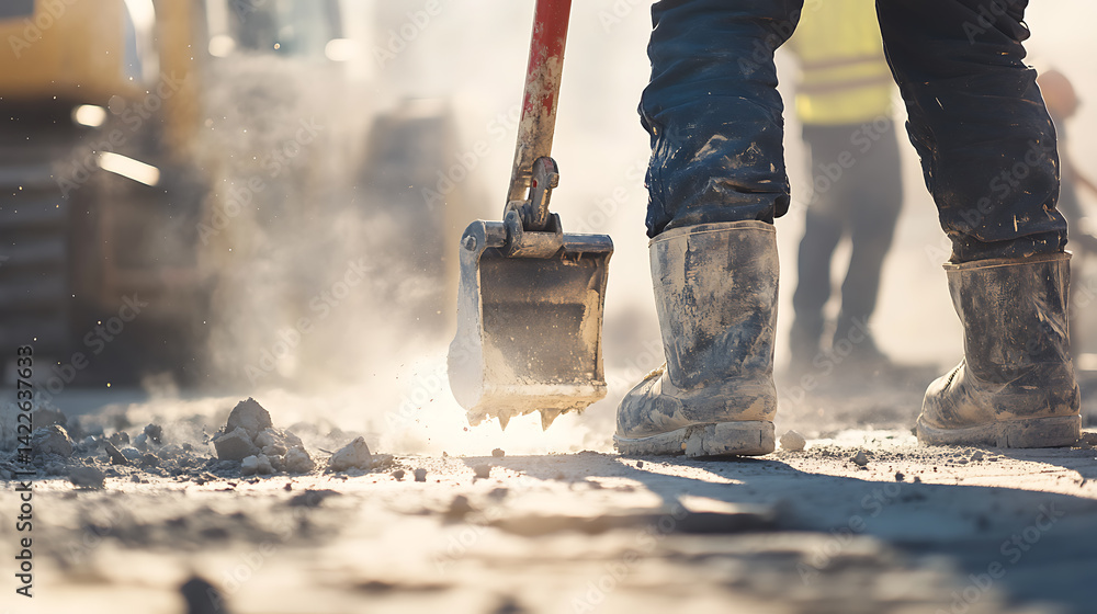 Construction Worker Using Excavator Bucket on Dusty Site