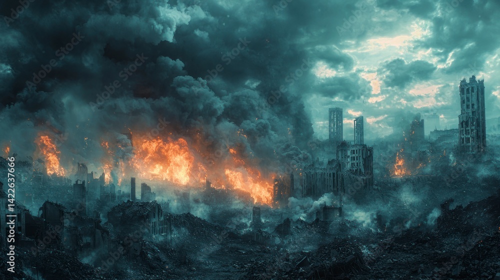 Fototapeta premium Desolate Cityscape with Fiery Aftermath and Dark Clouds in Realistic Photography