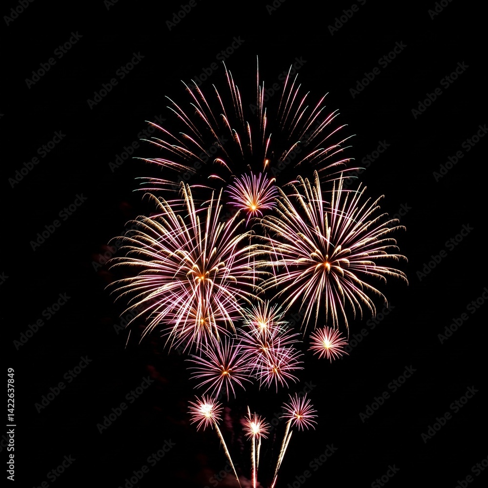 High-resolution image of bright fireworks display on dark black sky for festival and event design
High-resolution image of bright fireworks display on dark black sky for festival and event design