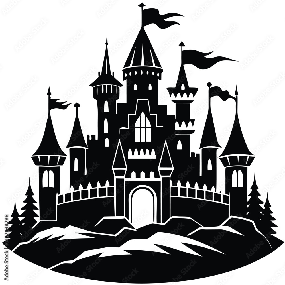 Fototapeta premium Black and White Castle Silhouette: Fantasy Medieval Fortress Illustration, Fairytale Kingdom, Graphic Vector Design