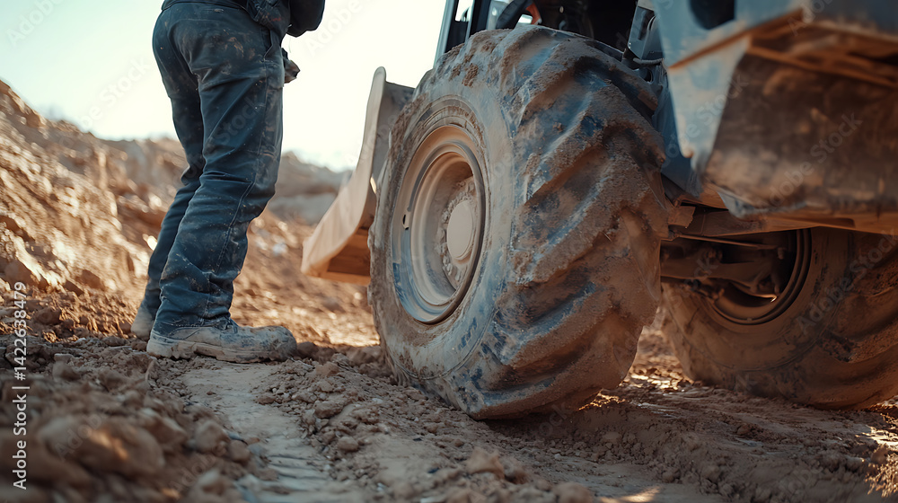 Construction Worker Standing Next to Heavy Machinery