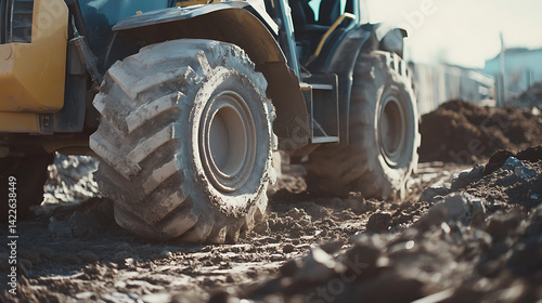 Obraz na płótnie Close-up of Heavy Construction Vehicle Tires on a Dirt Site w salonie