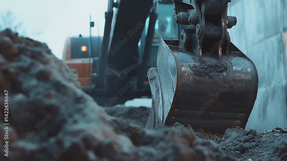 Excavator Bucket Digging into Dirt at Construction Site
