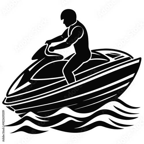 Black and White Vector Graphic of a Person Riding a Jet Ski on Water Waves, Watercraft Sport Illustration, Recreational Activity Icon