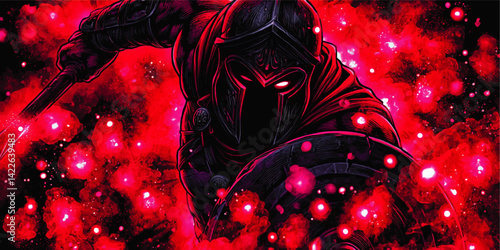 Intense Vector Illustration of Dark Knight Warrior with Sword and Shield Surrounded by Powerful Glowing Pink Magic Energy Sparks Perfect for Gaming Fantasy Concepts