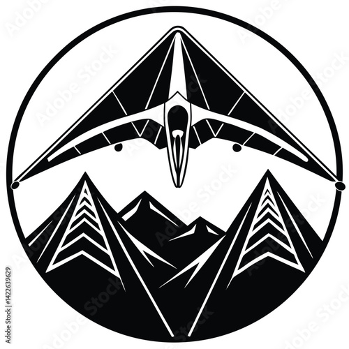 Hang Glider Soaring Over Mountains: Black and White Vector Illustration of Gliding Adventure and Mountain Scenery in Circular Design
