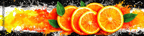 Vibrant Vector Illustration of Juicy Orange Slices with Green Leaves and Abstract Colorful Watercolor Paint Splashes Perfect for Fresh Juice Branding and Citrus Fruits