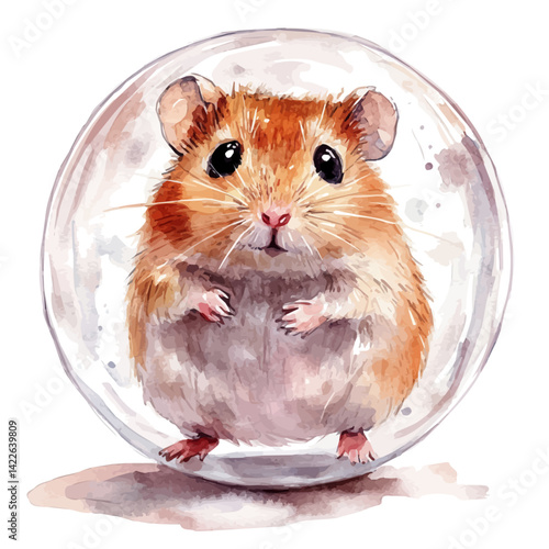 Hamster In A Ball Rolling Across The Floor, watercolor vector, isolated on a white background.