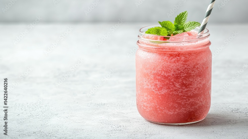 Pink, frosty, refreshing summer drink in a mason jar. Fresh, blended, and chilled Pink, frosty, refreshing summer drink in a mason jar. Fresh, blended, and chilled