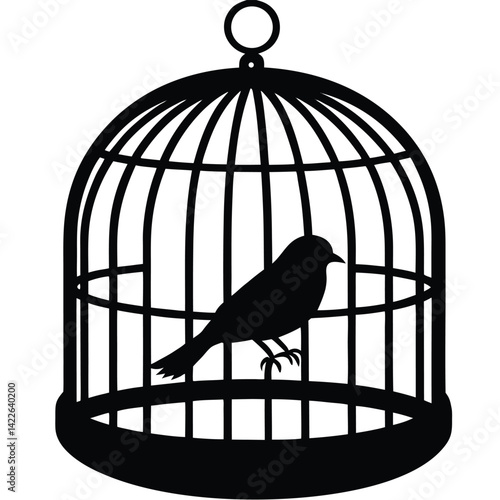 Bird in Cage Silhouette Vector: Black and White Illustration of a Birdcage with a Bird Inside, Simple Graphic Design