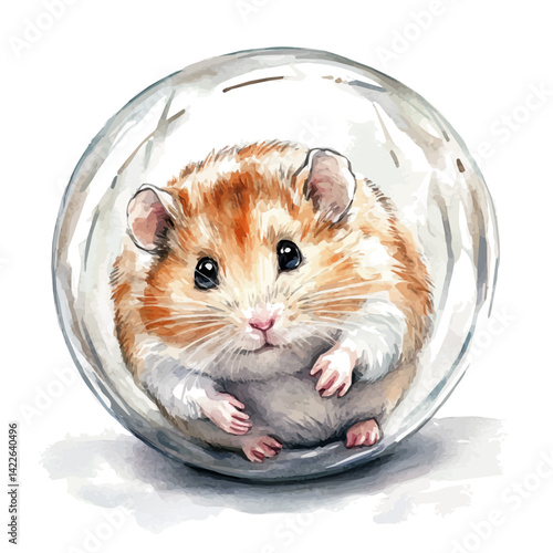 Hamster In A Ball Rolling Across The Floor, vector watercolor illustration, isolated on a white background.