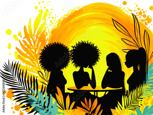 Vector Illustration of Four Diverse Women Friends Chatting at Table Silhouettes on Tropical Vibrant Sunburst Background with Exotic Leaves and Flowers for Summer Graphics