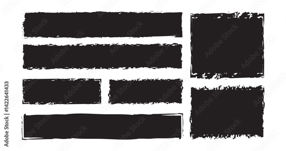 Set of rectangular grunge backgrounds. Black square shapes with jagged borders on white background. Vintage grunge boxes for collage, text, banner design. Set of rectangular grunge backgrounds. Black square shapes with jagged borders on white background. Vintage grunge boxes for collage, text, banner design.