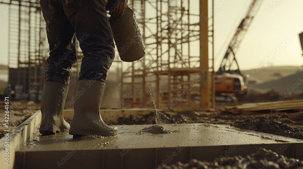 Construction Worker Pouring Concrete at Sunset