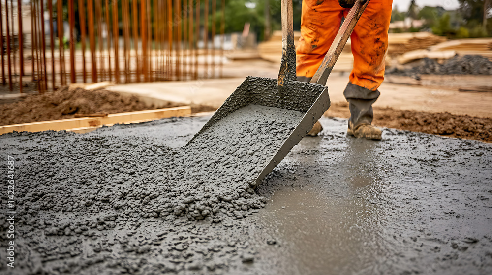 Concrete Worker Smoothing Wet Cement on Construction Site