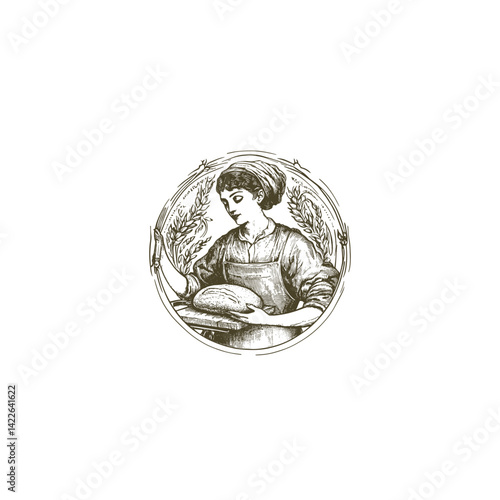 Woman baker engraving design vector template illustration