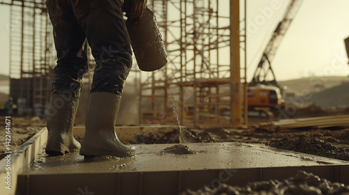 Obraz na płótnie Construction Worker Pouring Concrete at Sunset w salonie