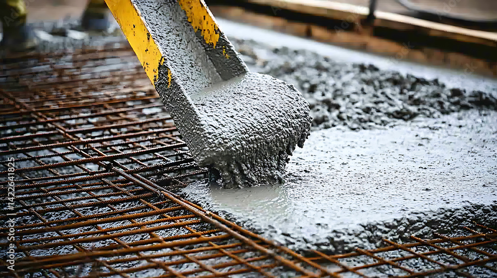 Concrete Being Poured onto Rebar Grid