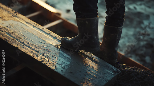 Obraz na płótnie Construction Worker in Mud-Soaked Boots on Wet Planks w salonie