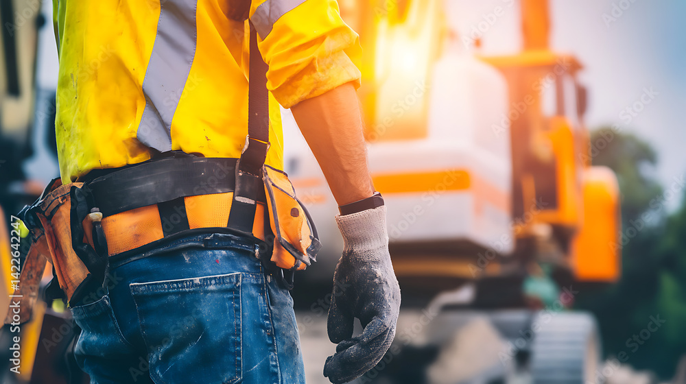 Construction Worker in High-Visibility Vest and Tool Belt