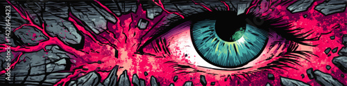 High Quality Vector Illustration of Mystical Vibrant Blue Eye Breaking Through Dark Stone Surface with Pink Glowing Cracks Fantasy Art Concept for Wallpapers and Posters