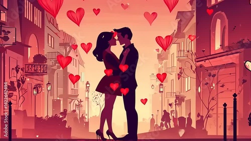 Romantic embrace in a city with hearts floating, Valentine's day love story scene
