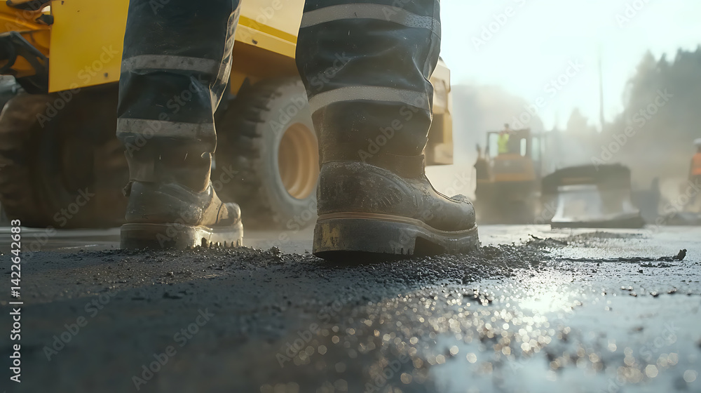Construction Worker's Boots on Fresh Asphalt