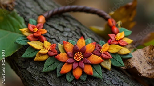 Realistic Polymer Clay Jewelry Design with Vibrant Flowers and Leaves for DIY Crafting and Photography Inspiration