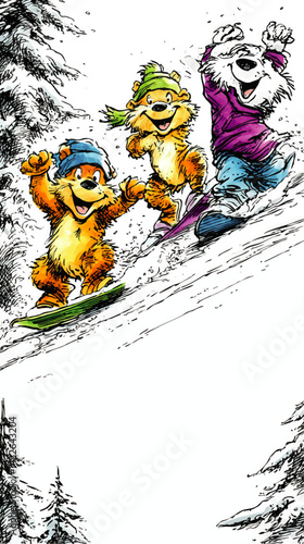 Cheerful Cartoon Animal Characters Snowboarding Downhill on Wintery Snowy Slopes Fun and Adventure Vector Illustration for Kids Winter Season Activities and Sports