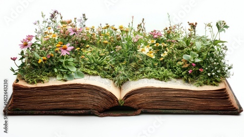 Realistic DIY Art Creation of Open Book Surrounded by Vibrant Recycled Flowers and Greenery in Stunning Photography