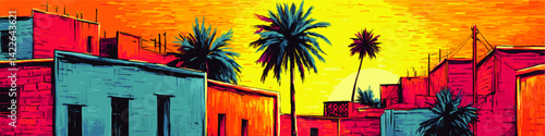 Vibrant Colorful Sunset Skyline Over Traditional Middle Eastern Buildings and Palm Trees vector Illustration Bright Tropical Cityscape Summer Vacation Background