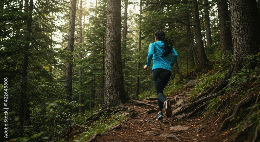 Person jogging on a rocky trail in a dense conifer forest with dappled sunlight Person jogging on a rocky trail in a dense conifer forest with dappled sunlight