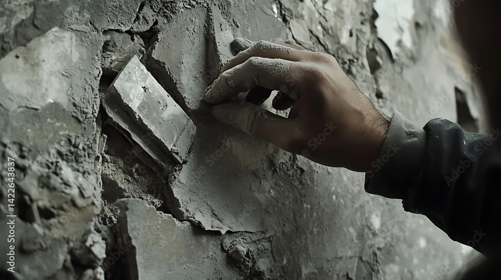 Hand Removing Brick from Damaged Wall