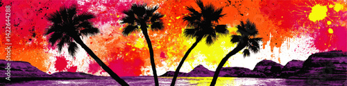 Vivid Tropical Sunset Vector Illustration with Palm Trees Silhouettes Against Colorful Abstract Splash Background Ideal for Summer and Beach Vacation Themes Design