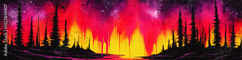 Stunning Abstract Vector Illustration of Colorful Aurora Northern Lights with Starry Galaxy Sky Forest Silhouette Trees and Dramatic Landscape for Background Decor Art