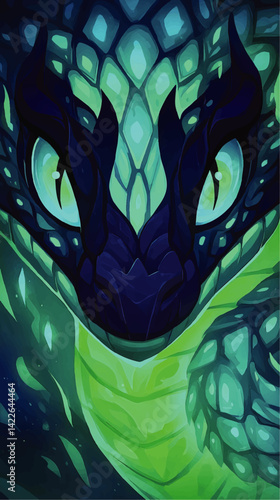 Mystical Vector Illustration of Fantasy Dragon Face with Glowing Green Eyes and Scales in Blue and Green Colors Magical Creature Art for Gaming and Fantasy Projects