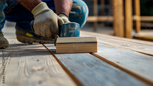 Obraz na płótnie Carpenter Sanding Wooden Deck Boards w salonie