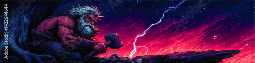 Powerful Mythical Norse God Thor Holding Legendary Hammer Sitting Under Ancient Tree Amidst Thunderstorm and Lightning Detailed Epic Digital Vector Illustrative Art