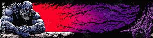 Dark Fantasy Vector Illustration of Mysterious Angry Warrior with Glowing Eyes in Spooky Forest setting with Creepy Purple Trees and Moody Dramatic Colorful Background