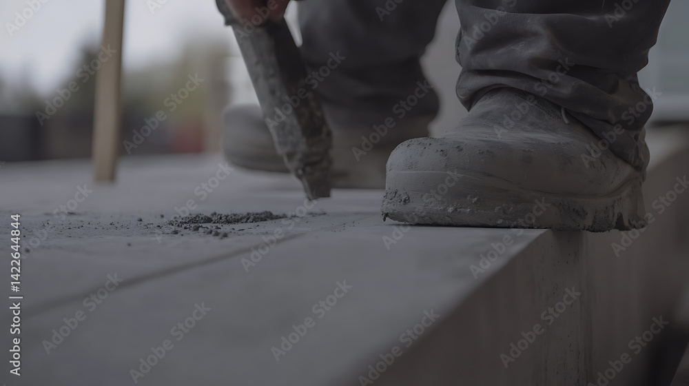 Construction Worker Using Trowel on Concrete Surface