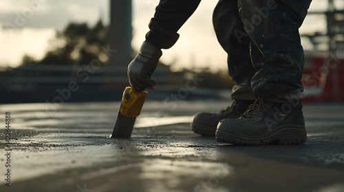 Construction Worker Using a Tool on a Surface