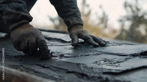 Worker Applying Black Tar on Roof