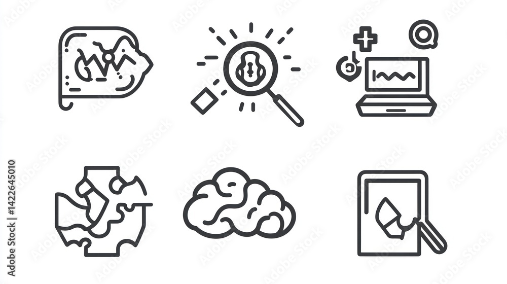 Data analysis, brain, research, laptop, puzzle, magnifying glass Data analysis, brain, research, laptop, puzzle, magnifying glass
