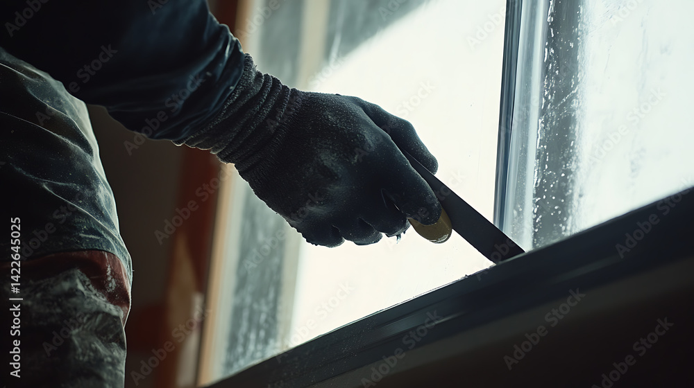 Hand in Glove Using Tool on Window Frame
