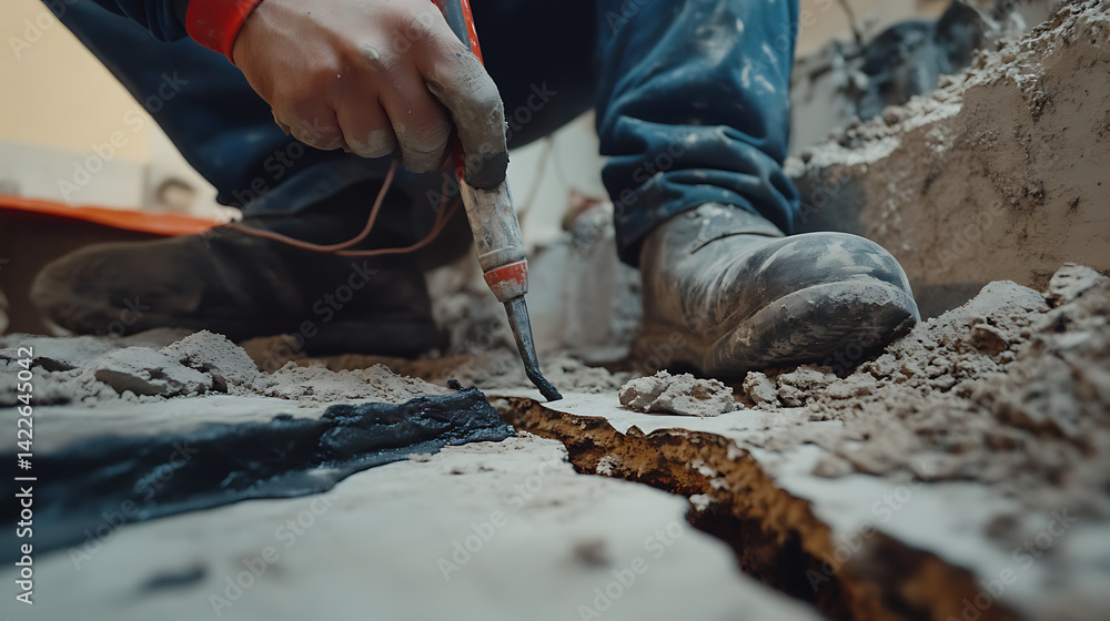 Construction Worker Using a Chisel to Remove Concrete
